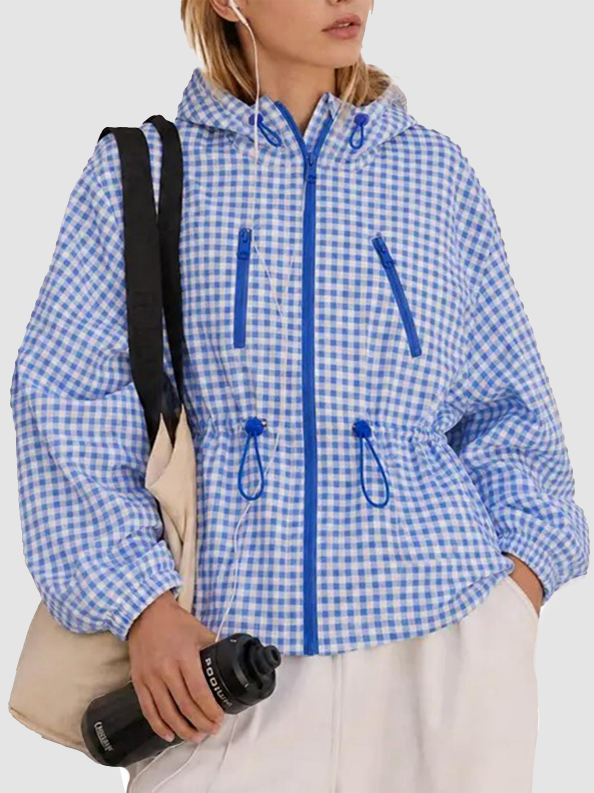 Women Gingham Hooded Water‑Resistant Windbreaker Jacket