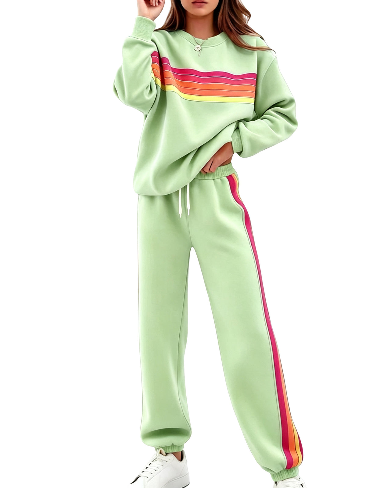 Women Retro Rainbow Stripe 2‑Piece Sweat Loungewear Set