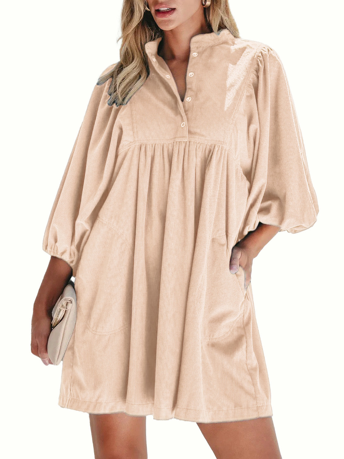 Women Stand Collar Snap Button Empire Waist Mini Dress Bracelet Puff Sleeve With Pockets