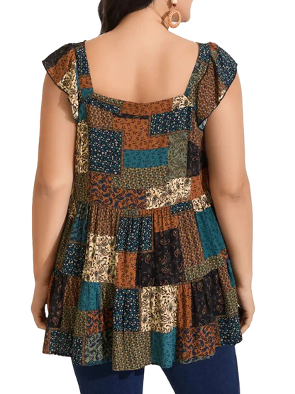 Women Plus Size Square Neck Sleeveless Floral Plaid Patchwork Boho Tunic Tank Top
