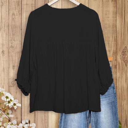 Women's 3/4 Puff Sleeve Blouse with Ruffled Cuffs & Pleated Details