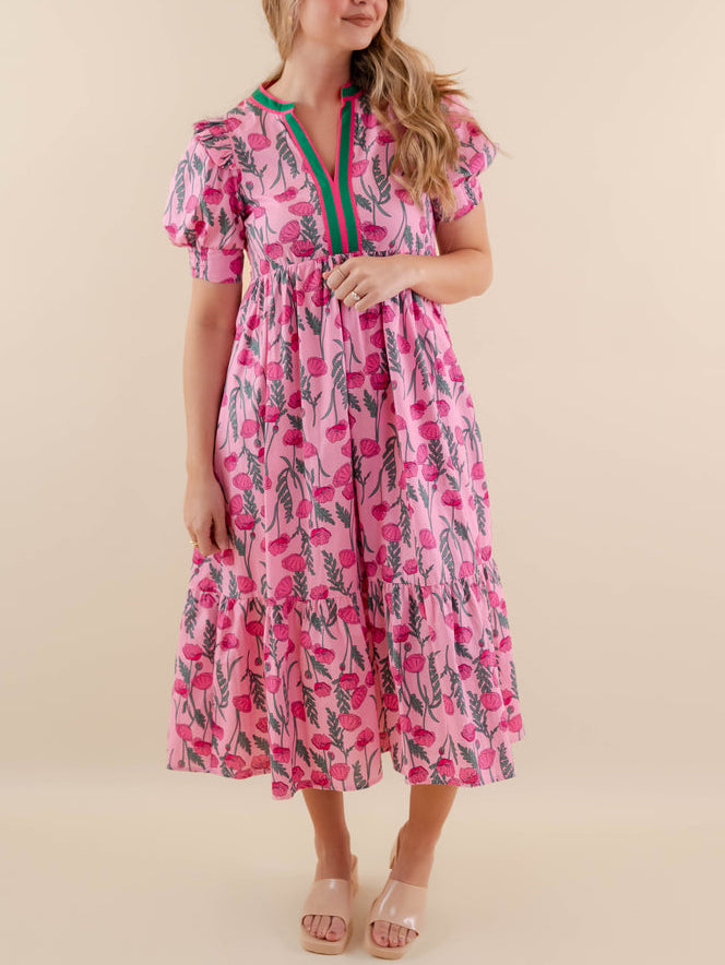 Women's Summer Midi Dress Casual Floral Puff Short Sleeve V Neck Swing