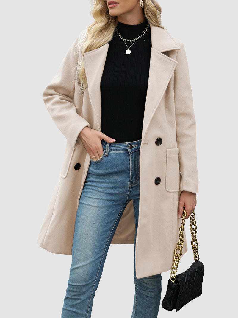 Hot Sale-Women Classic Lapel Double Breasted Mid-Length Overcoat Casual Fall Winter
