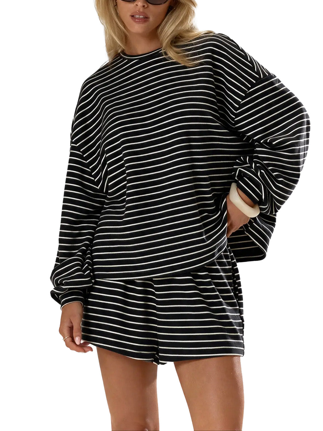 Striped 2‑Piece Outfit & Oversized Long‑Sleeve Top & Pocket Shorts