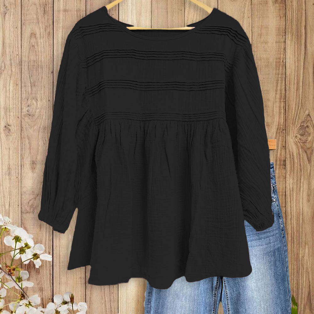 Women's 3/4 Puff Sleeve Blouse with Ruffled Cuffs & Pleated Details