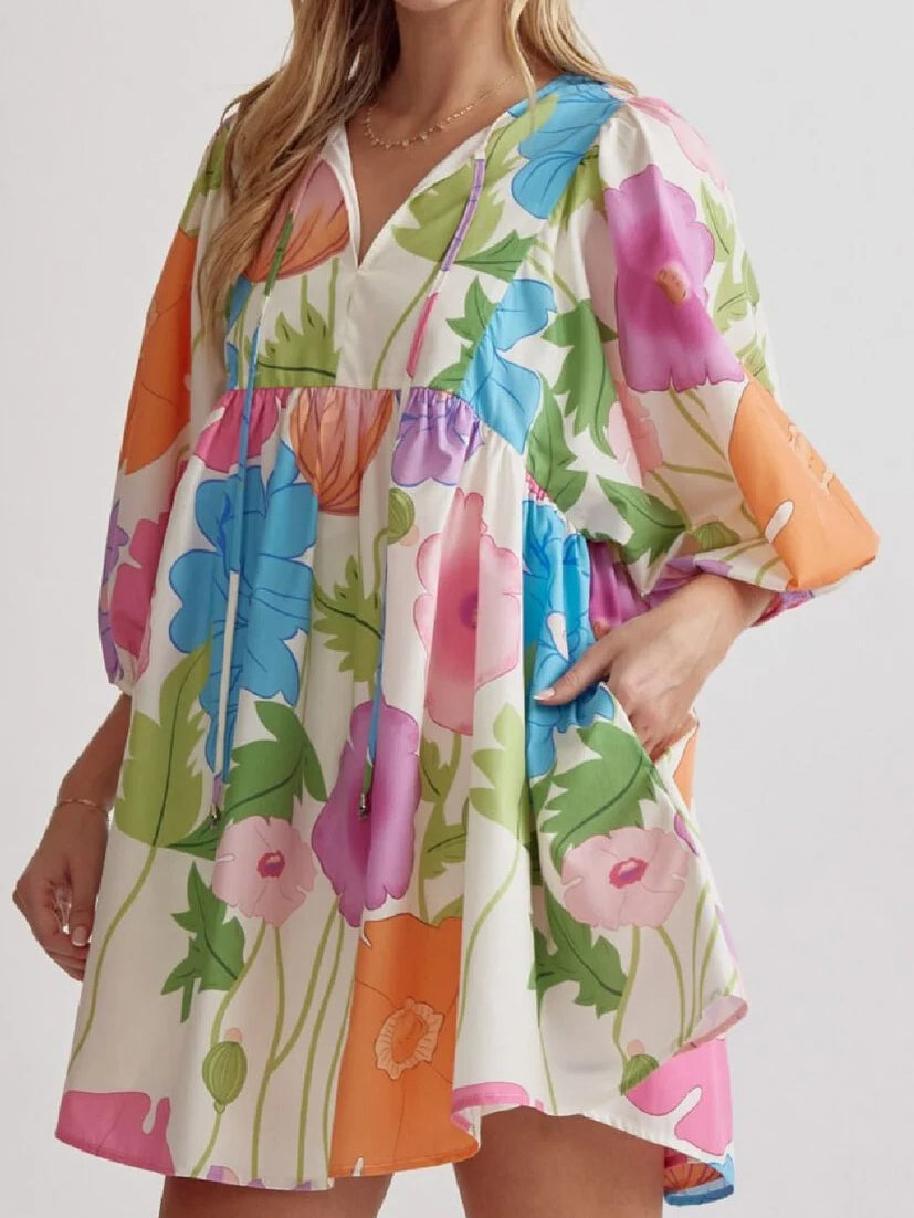 Women's Colorful Floral Half Sleeve Babydoll Dress