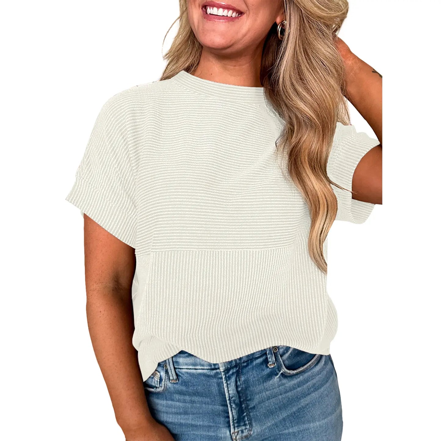 Women Textured Rib Splice Crew Neck Loose Fit Knit Short Sleeve T-shirt