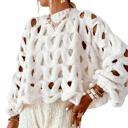 Women Boho Loose Balloon Sleeve Hollow Out Cable Knit Oversized Pullover Sweater Spring Autumn Layering Top