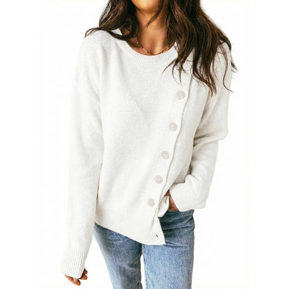 Women Long Sleeve Crew Neck Asymmetric Diagonal Button Knit Top