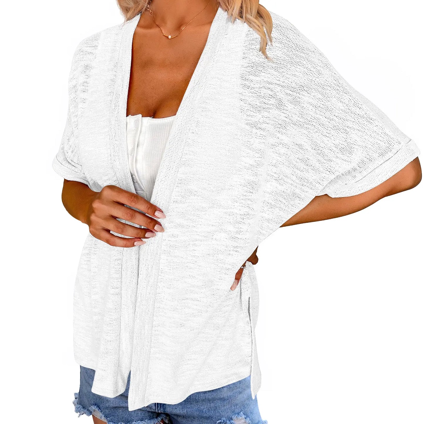 Slub Knit Open Front Roll Cuff Short Sleeve Side Slit Lightweight Cardigan