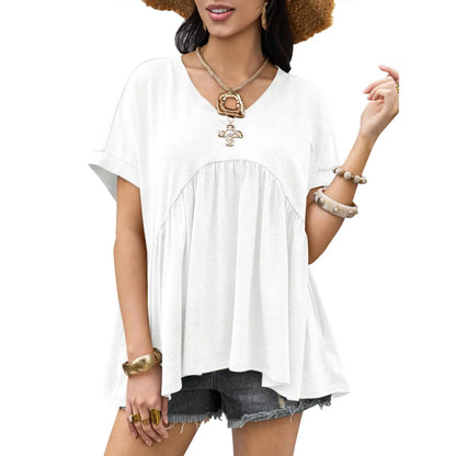 V Neck Ruffle Peplum Short Sleeve Tunic Top