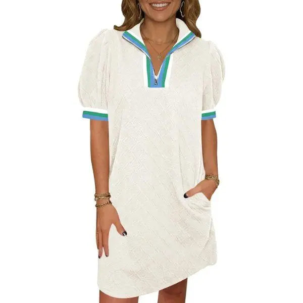 Color Block Collar Zip Puff Sleeve Casual Mini Dress