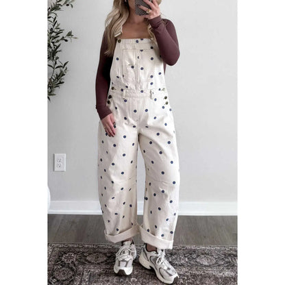 Women Loose Wide Leg Polka Dot Denim Overalls With Pockets