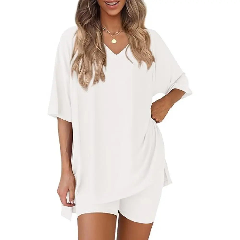Buttery Soft Lounge Set for Women – Oversized V-Neck Tee & Matching Shorts
