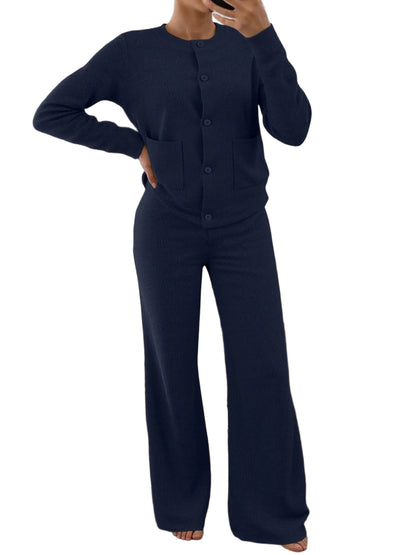 Women Button Top And High Waist Wide Leg Pants Set