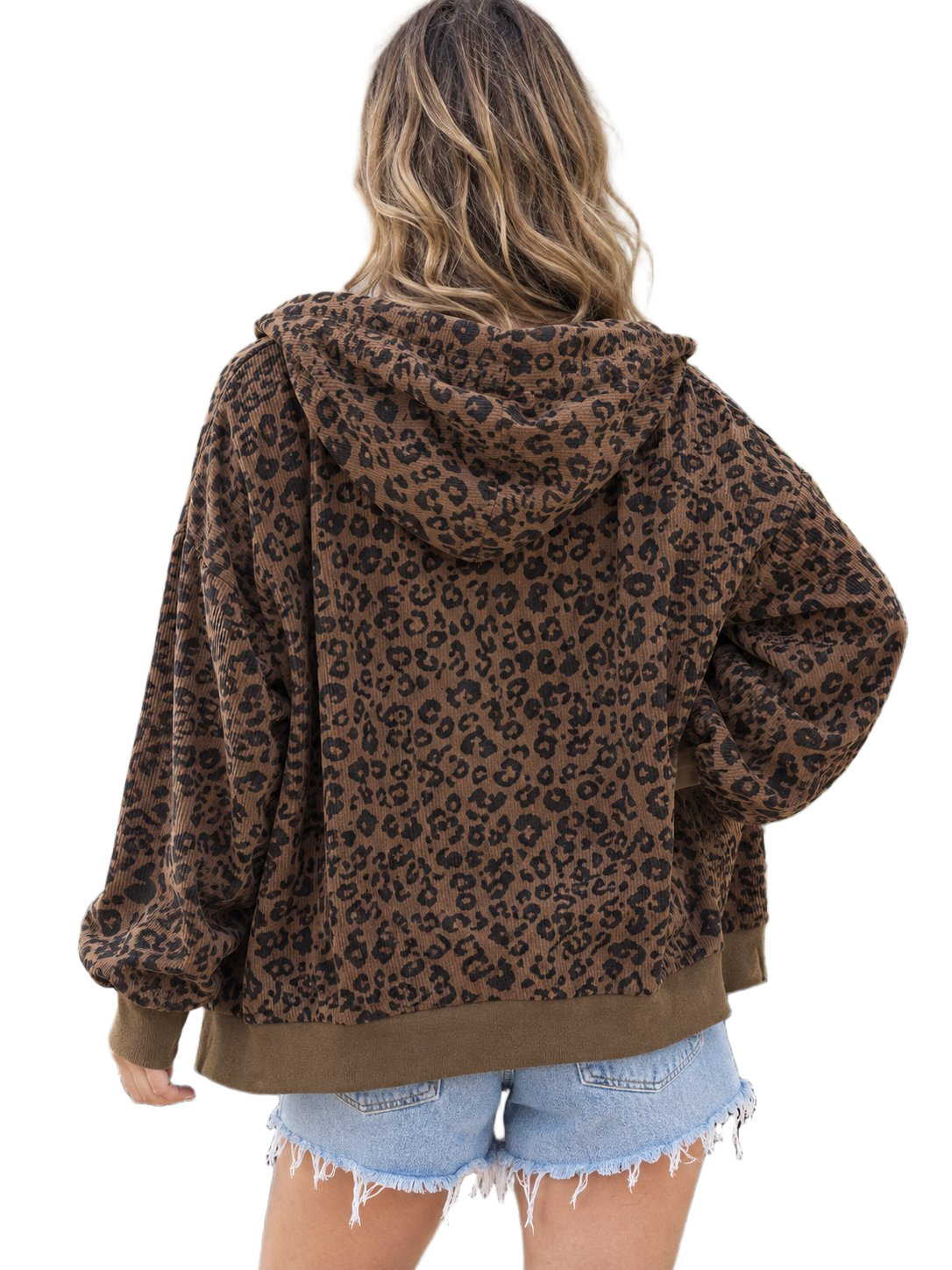Women Leopard Print Drawstring Hooded Zip Jacket