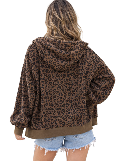 Women Leopard Print Drawstring Hooded Zip Jacket
