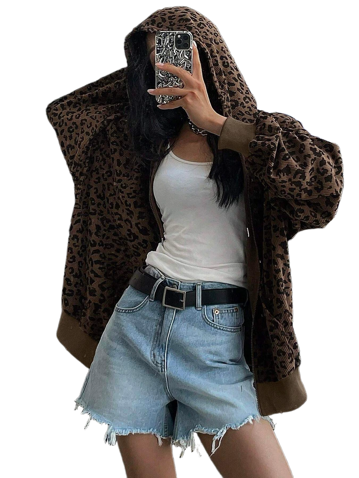 Women Leopard Print Drawstring Hooded Zip Jacket