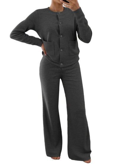 Women Button Top And High Waist Wide Leg Pants Set