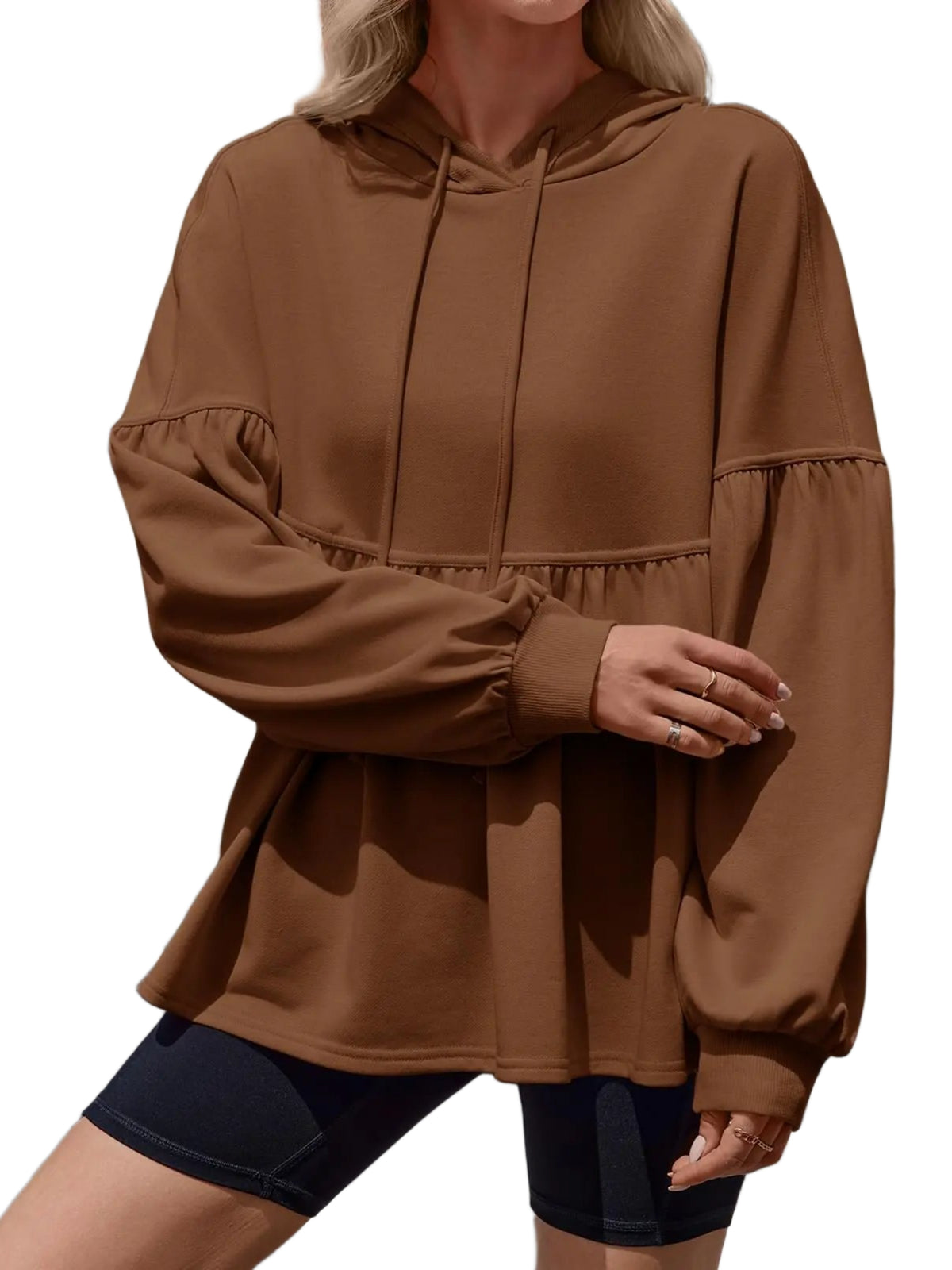 Women Drawstring Hoodie With Lantern Sleeves Peplum Hem