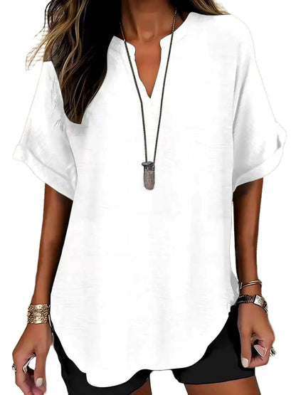 Women Solid V Neck Batwing Short Sleeve Blouse