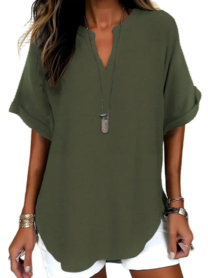 Women Solid V Neck Batwing Short Sleeve Blouse