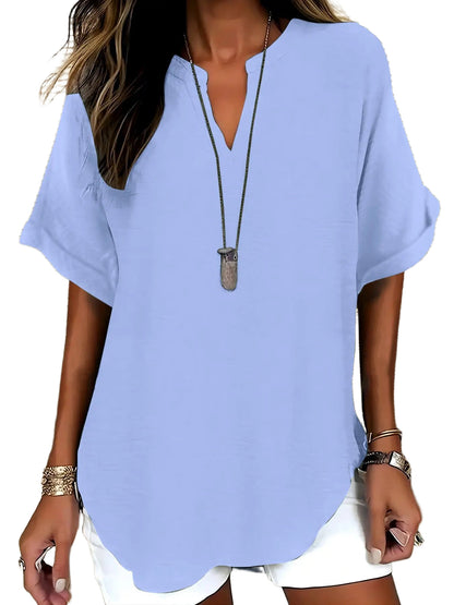 Women Solid V Neck Batwing Short Sleeve Blouse