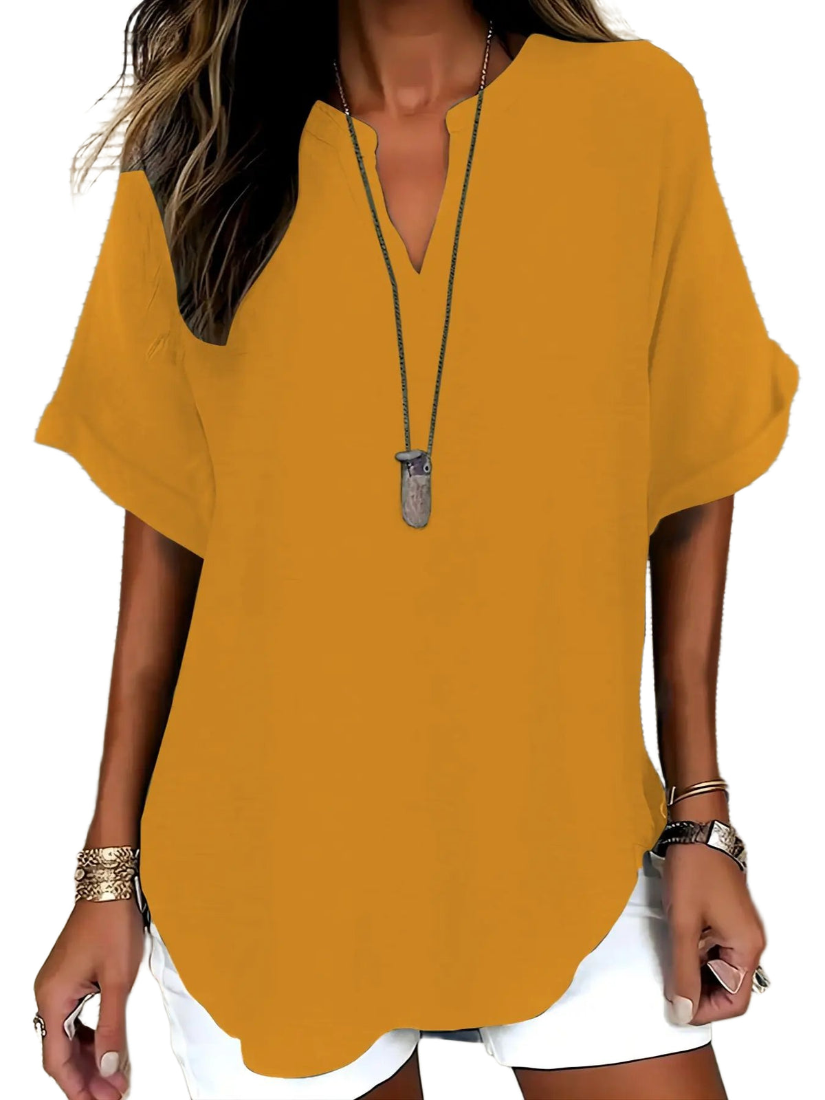 Women Solid V Neck Batwing Short Sleeve Blouse