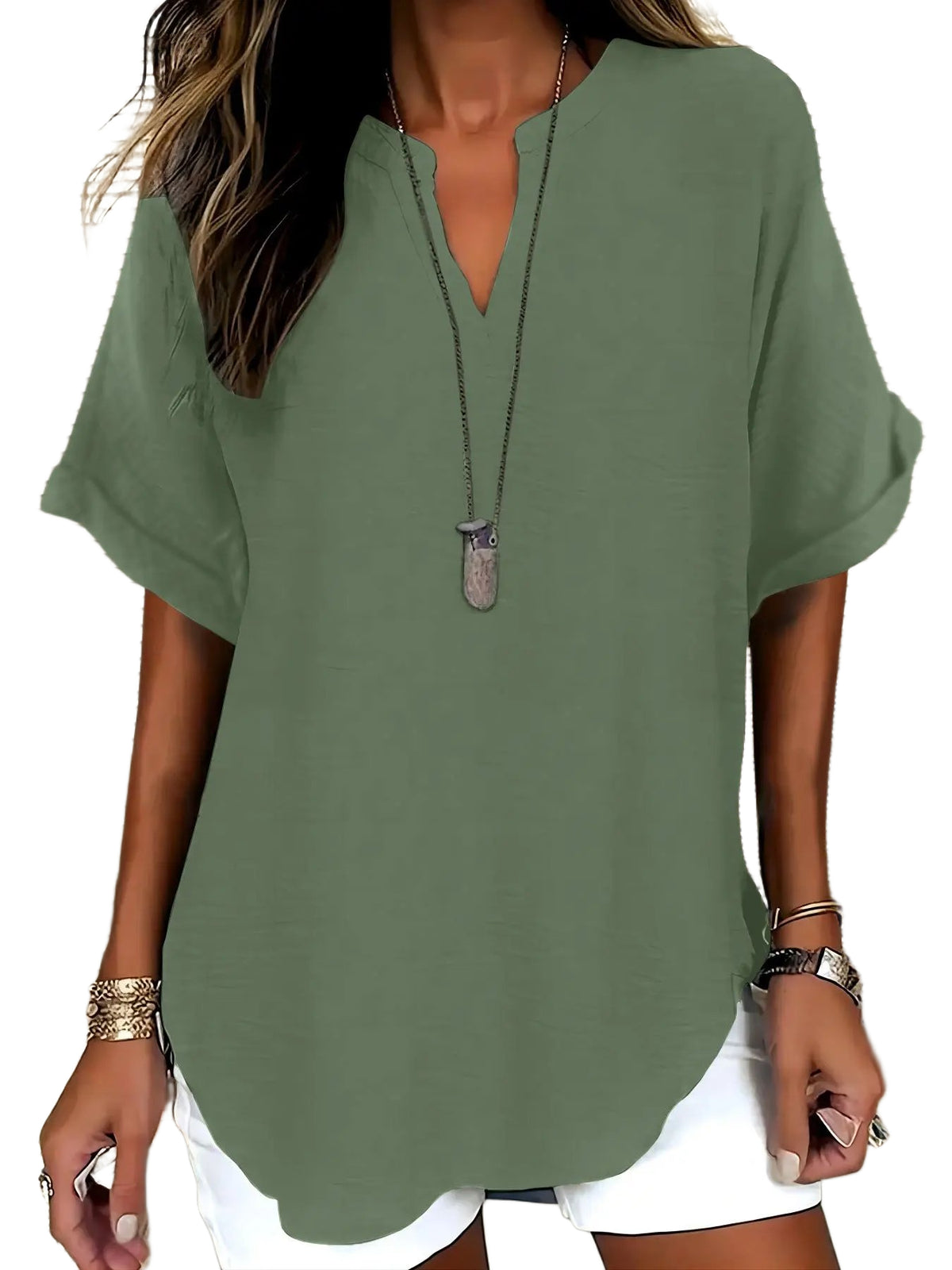 Women Solid V Neck Batwing Short Sleeve Blouse