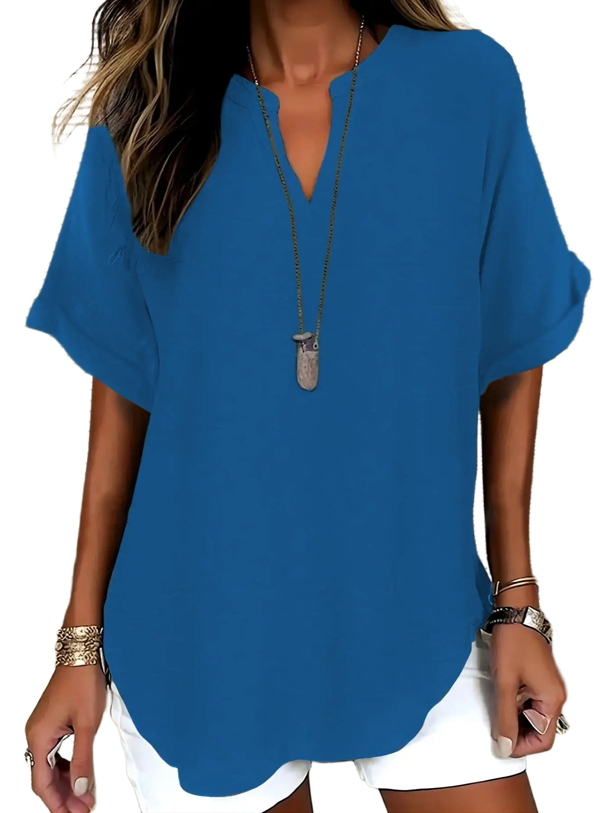 Women Solid V Neck Batwing Short Sleeve Blouse