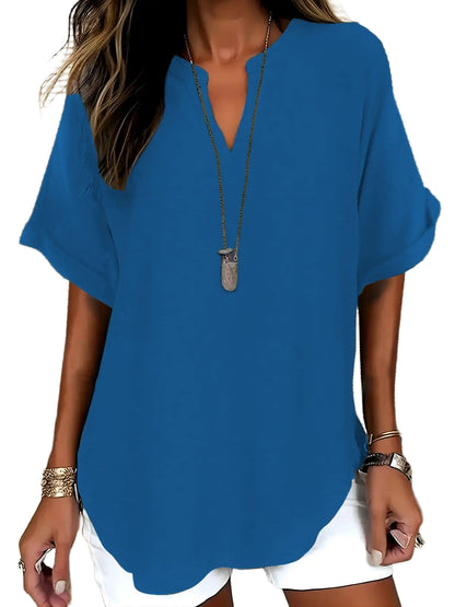 Women Solid V Neck Batwing Short Sleeve Blouse