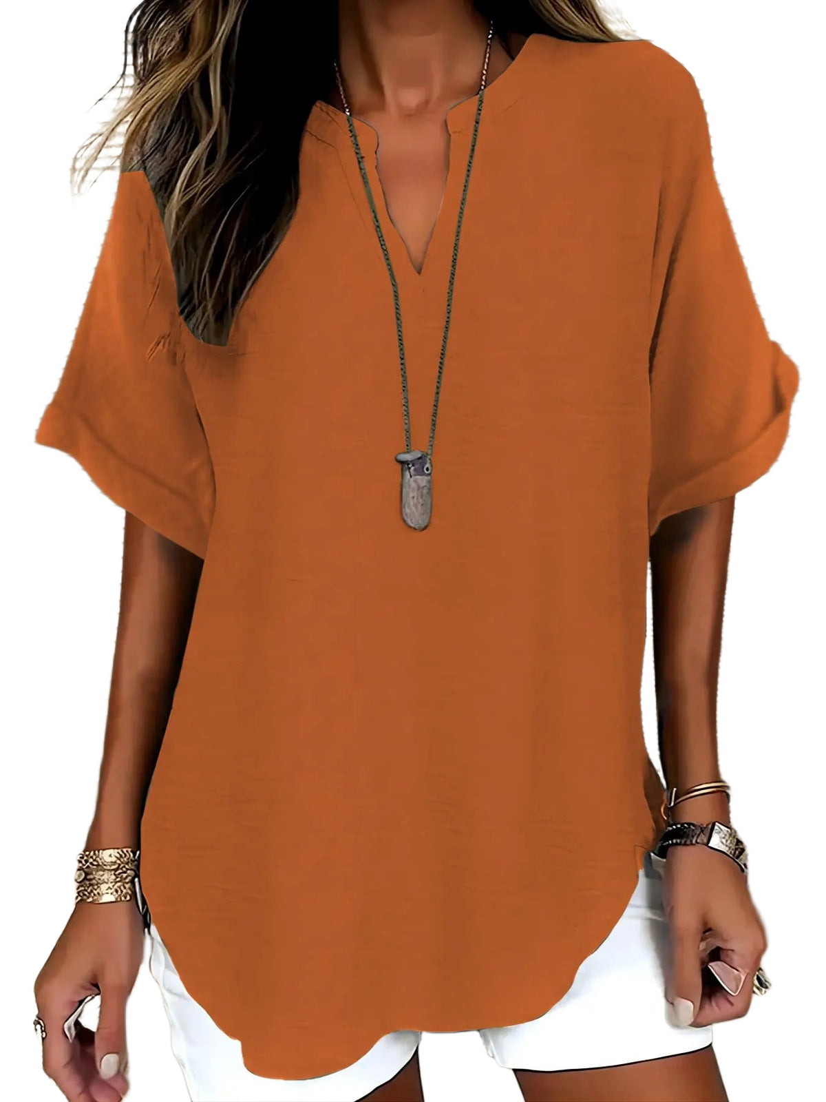 Women Solid V Neck Batwing Short Sleeve Blouse