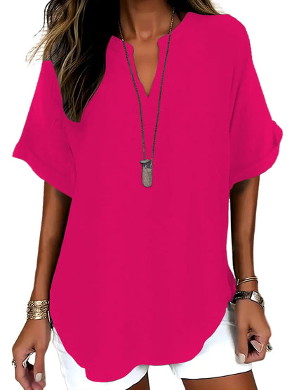 Women Solid V Neck Batwing Short Sleeve Blouse