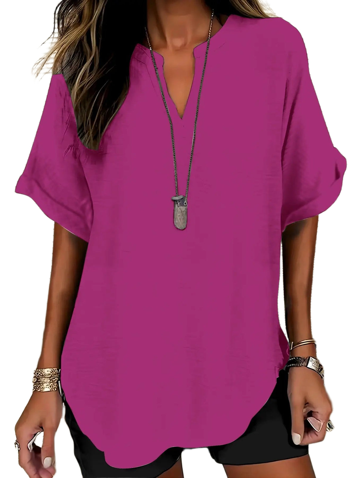 Women Solid V Neck Batwing Short Sleeve Blouse