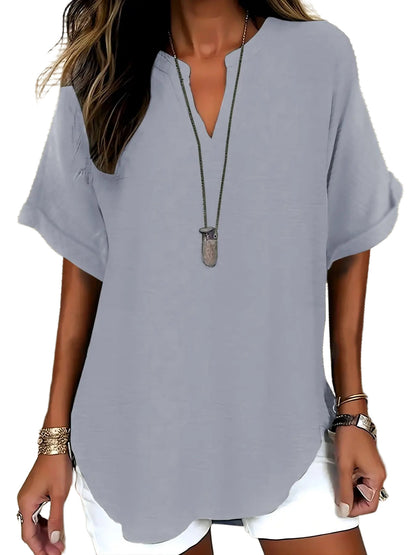 Women Solid V Neck Batwing Short Sleeve Blouse