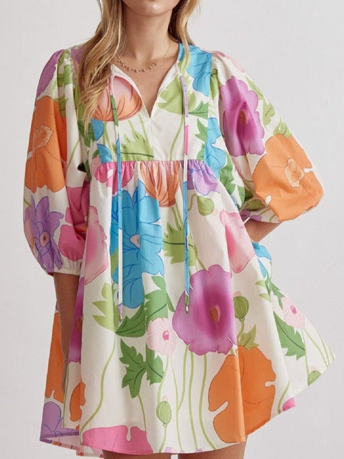 Women's Colorful Floral Half Sleeve Babydoll Dress