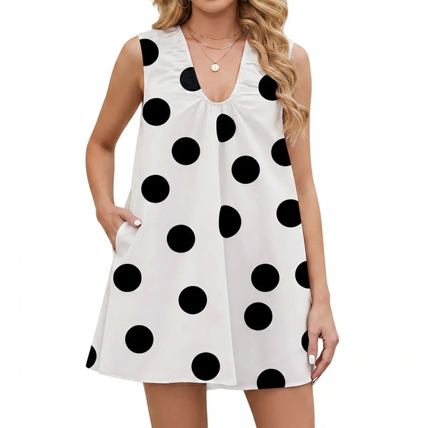 Sleeveless Polka Dot V Neck Shift Mini Dress