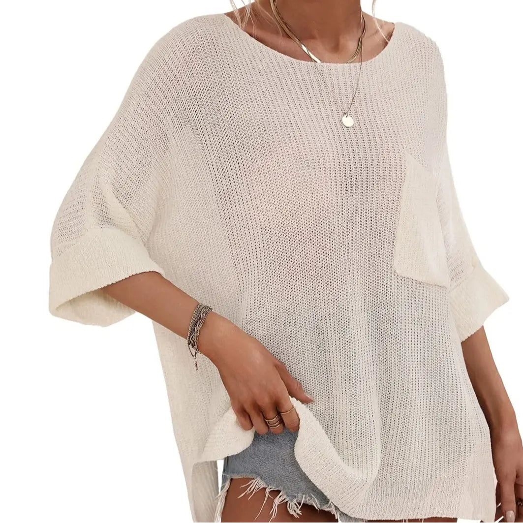 Women Boat Neck Batwing Sleeve Knit Top with Pocket & Side Slit Hem