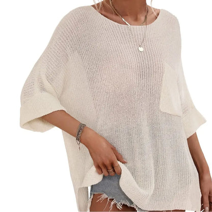 Women Boat Neck Batwing Sleeve Knit Top with Pocket & Side Slit Hem