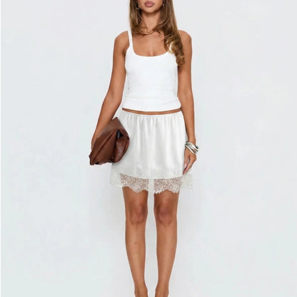 High Elastic Waist Silky Satin Floral Lace Hem Short Half Slip Skirt