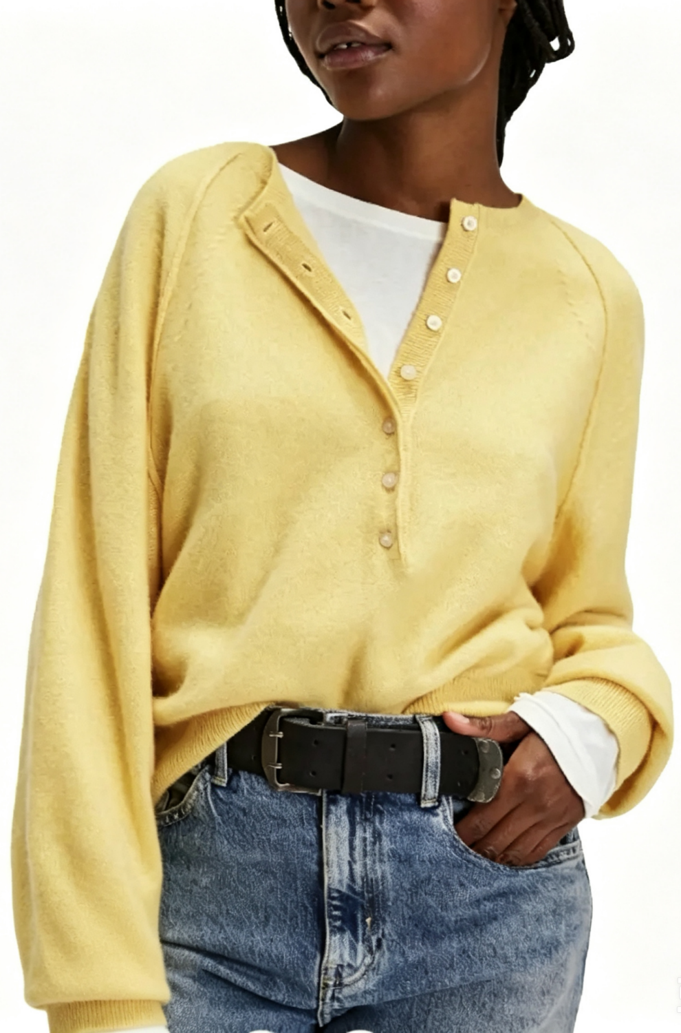 Women Raglan Sleeve Half Button Henley V Neck Soft Knit Long Sleeve Top