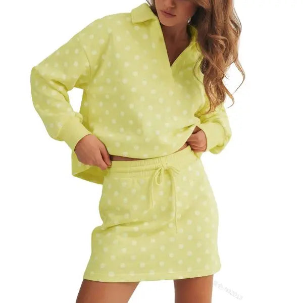 Polka Dot Polo Collar Top Drawstring Mini Skirt Two Piece Set