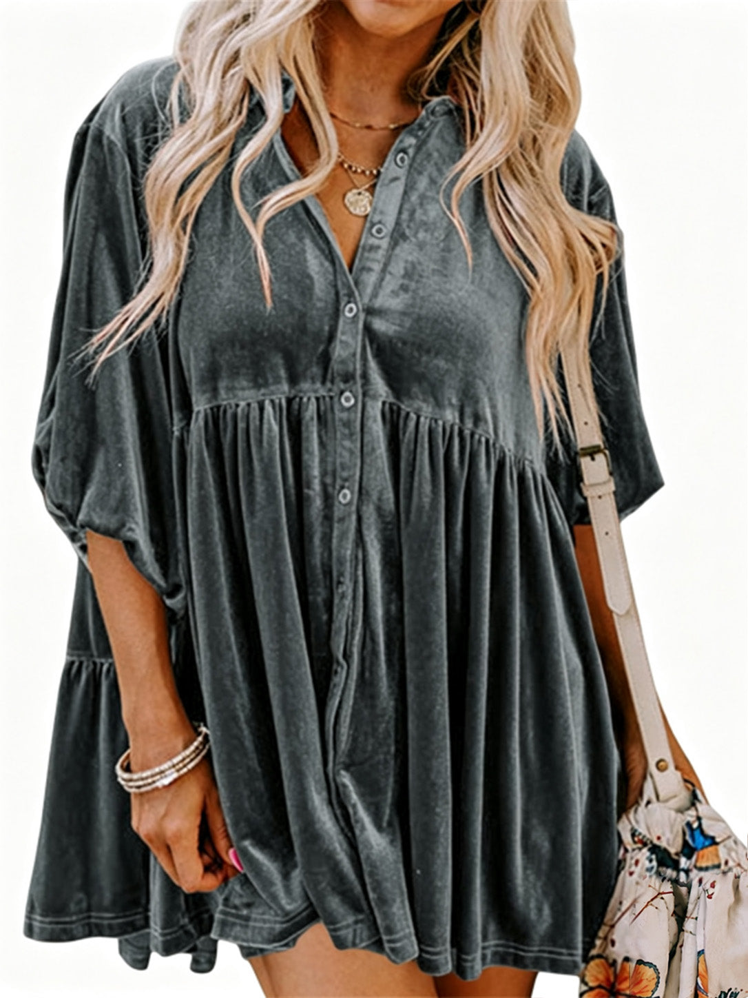 Velvet Babydoll Holiday Party Top 🍂 3/4 Lantern Sleeve Button Front Tunic