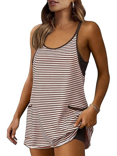 Women's Striped V-Neck Tennis Dress with Built-in Shorts