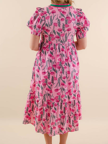 Women's Summer Midi Dress Casual Floral Puff Short Sleeve V Neck Swing