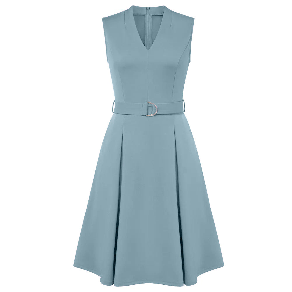 Women's Sleeveless V-Neck A-Line Dress with Belt
