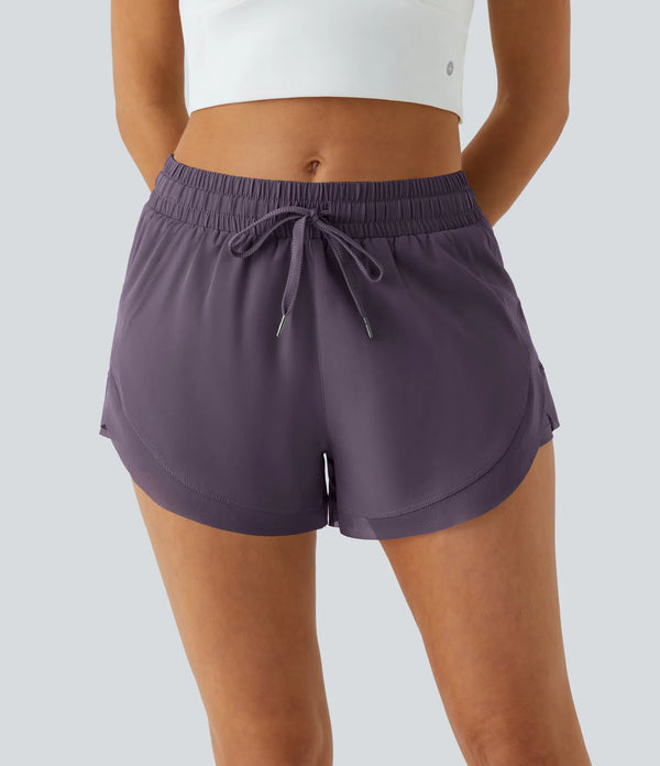 Women Mid Rise Drawstring Contrast Mesh 2-in-1 Flowy Running Shorts 3''