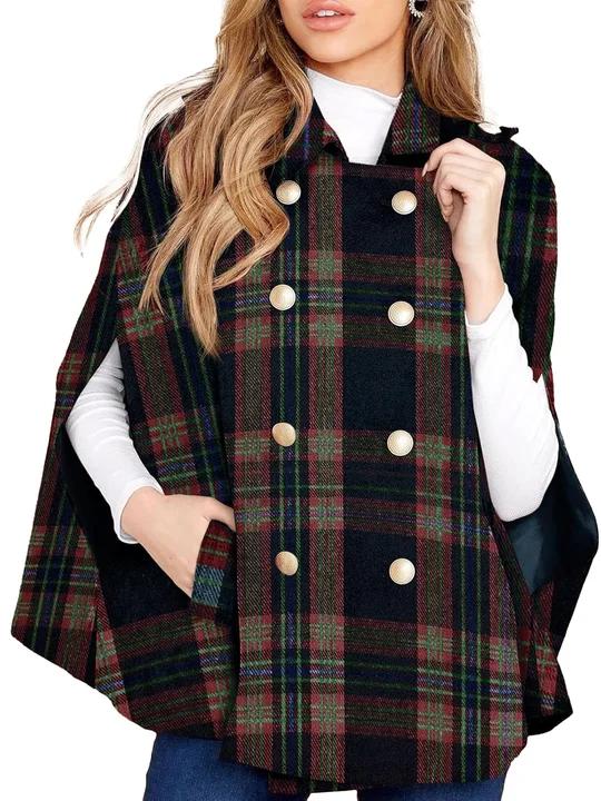 Women Plaid Double‑Breasted Cape Coat Turn‑Down Collar Poncho With Pockets
